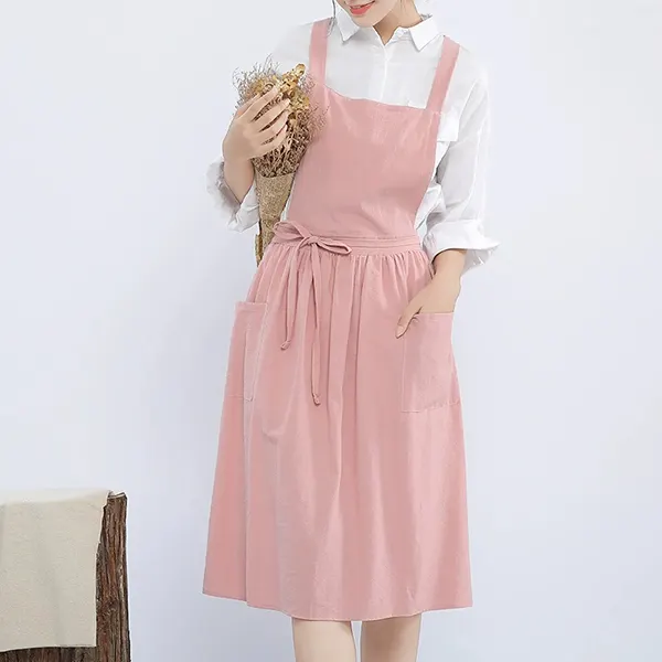 Solid Japanese-Style Cotton-Linen Long Apron 3