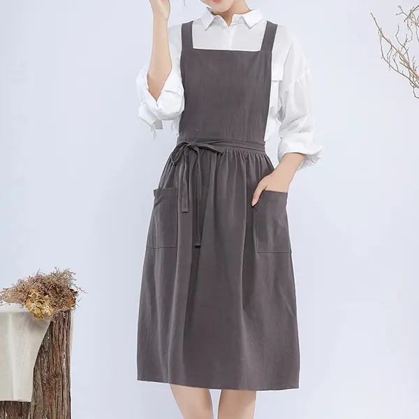 Solid Japanese-Style Cotton-Linen Long Apron 6