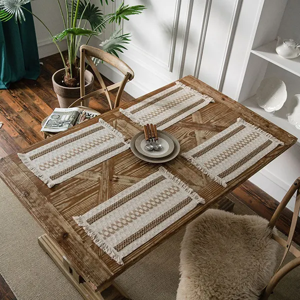 Color-Block Striped Woven Placemat with Tassels 2