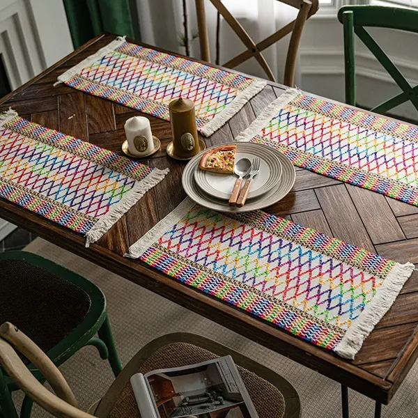 Color-Block Striped Woven Placemat with Tassels 3